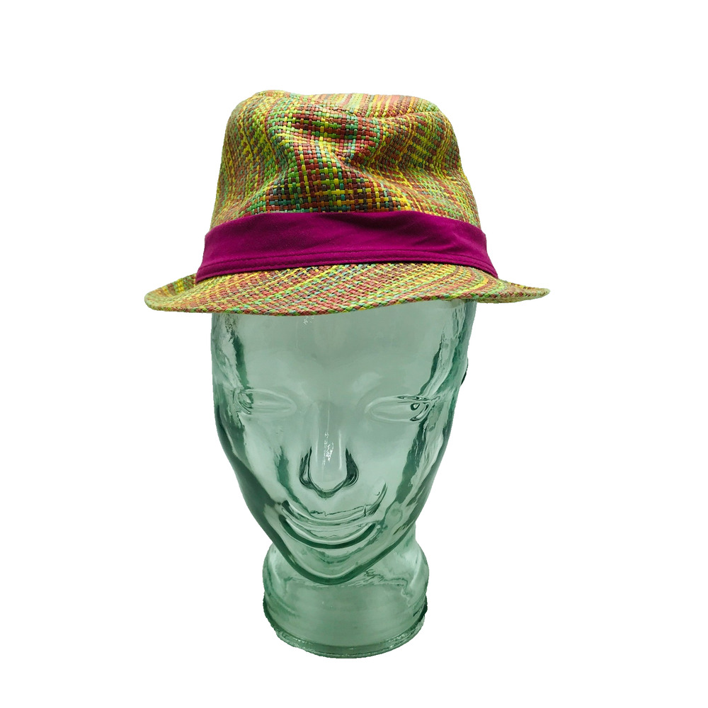 Milani Fedora Hat S/M Designed in Italy 100% Paper Straw Woven Pink Rainbow